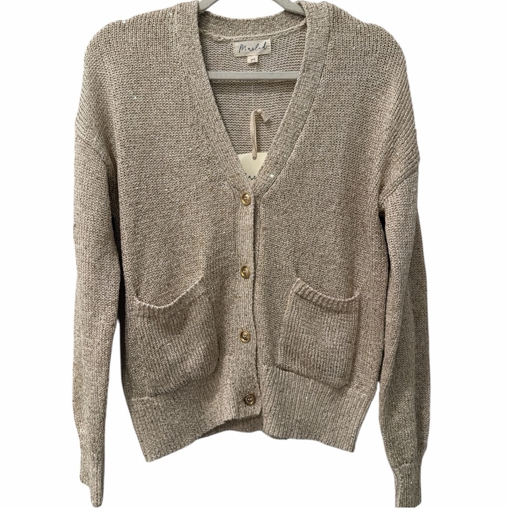 Marled Metallic Knit Cardigan Champagne Gold Sequins Button‎ size medium NWT